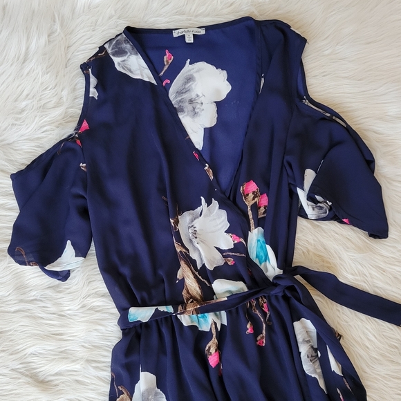 Cold Shoulder Dress Navy Blue Wrap Tie Russe - Picture 2 of 8